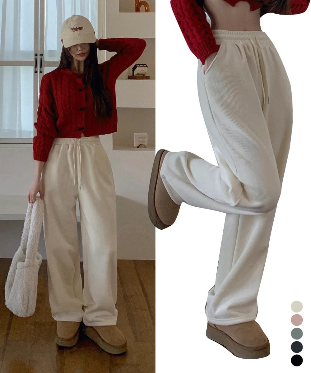 Golden Corduroy Wide Training Pants Trousers Tracksuit Banding High Waist Pocket Fleece-lined Trousers