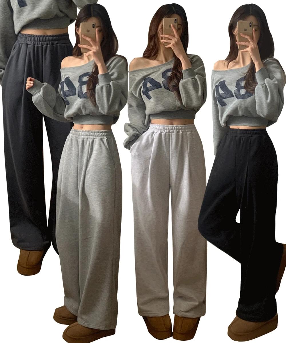 One-piece wide training pants trousers sweatpants high waist banding string pocket Fleece-lined pants long pants overfit