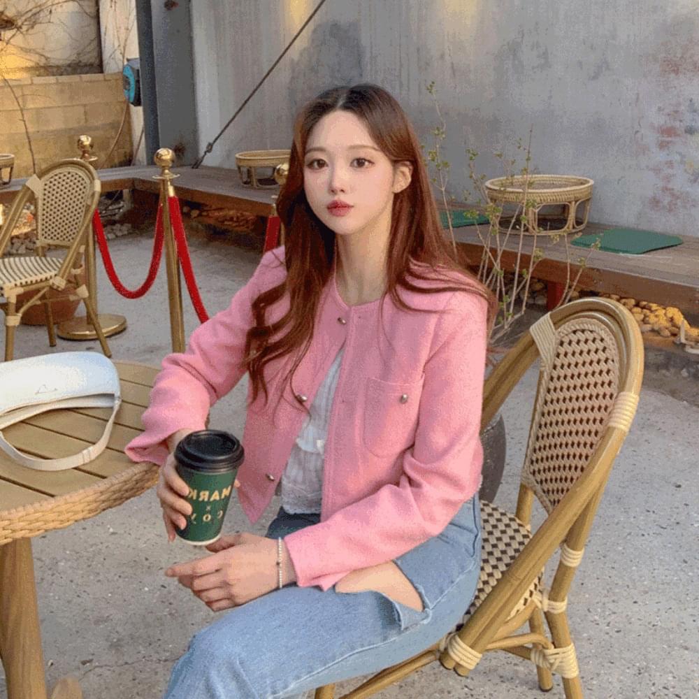 High quality no-collar booklet cropped tweed jacket round neck pocket pad spring summer date wedding guest look office look Sora ivory pink