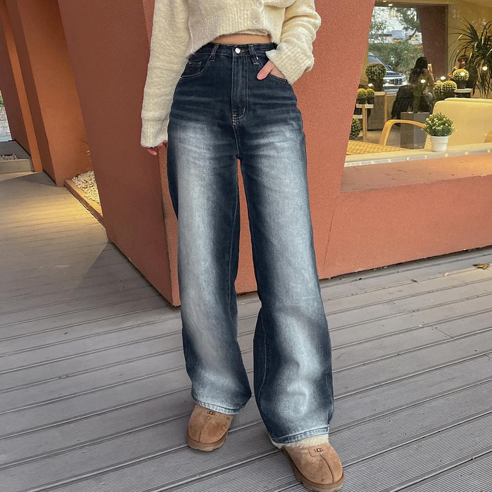 Life Wide Deep Brush Faded Fleece-lined Denim Pants High Waist Long Vintage Short Girl Tall Girl Jeans Short Basic Long