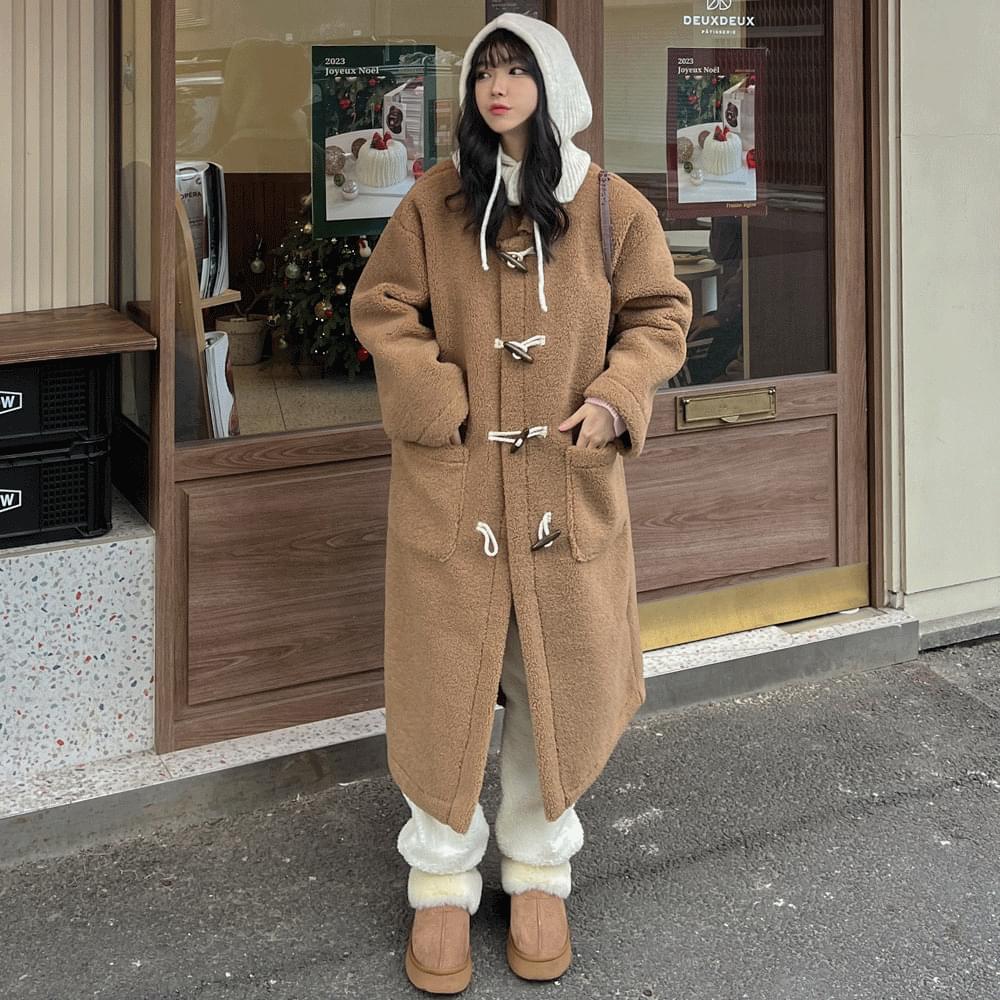 Poggle Wool Tteokbokki Duffle Long-length Collar Coat Shearling Buckle Big Pocket Jacket Outer Daily