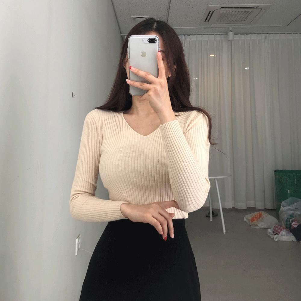 Soft touch Ribbed V-Neck neck long sleeve knitwear new look spring 7 colors