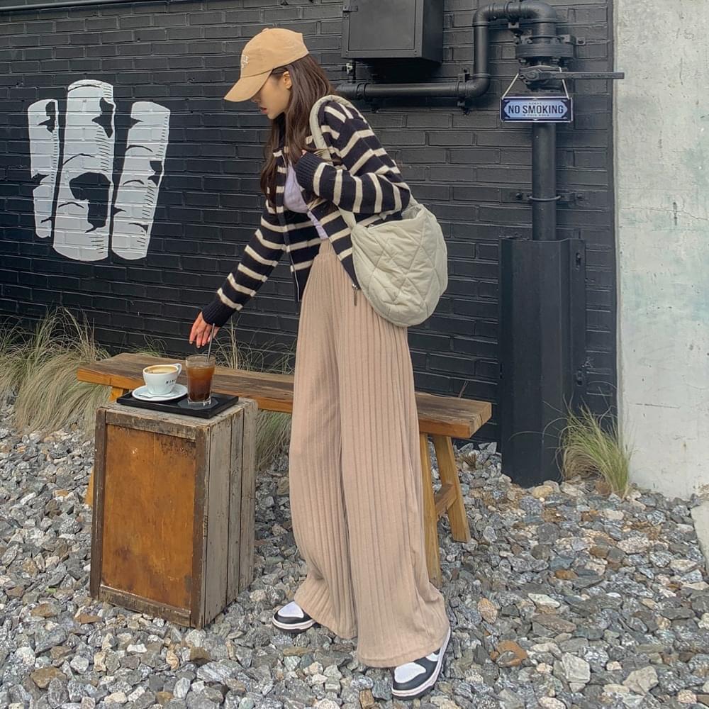 High waist vertical Ribbed long wide knitwear training pants banding sweatpants casual daily black ivory beige
