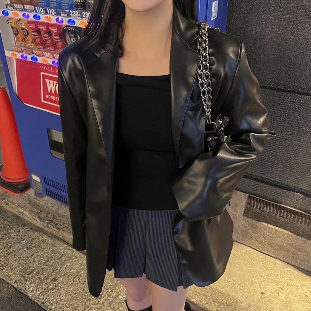 하이퀄리티 오버핏 싱글 블레이저 자켓 긴팔 테일러드 카라 레더 재킷 박시 가죽