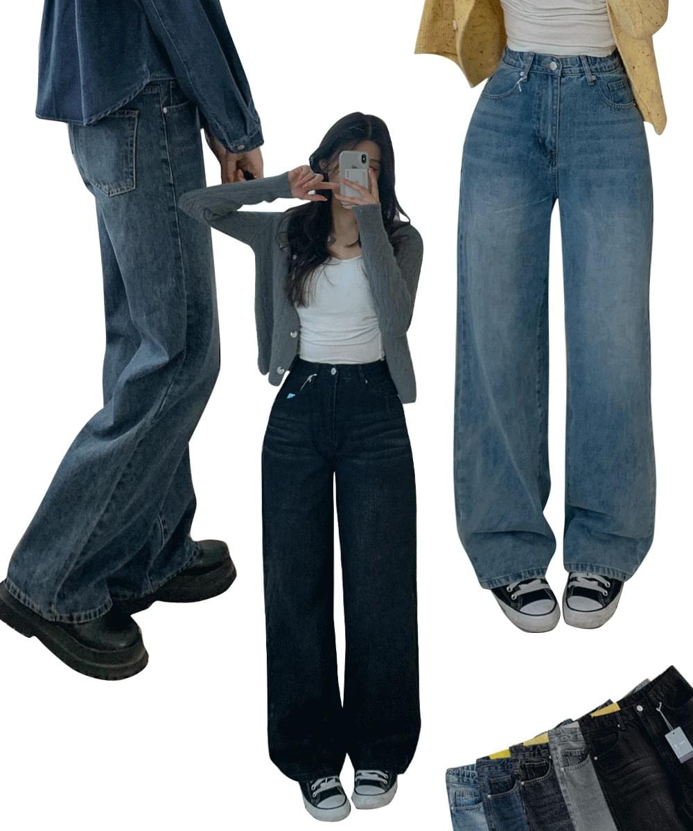 *Choose length* Life fit Faded wide denim pants inbanding pocket cotton straight jeans all seasons