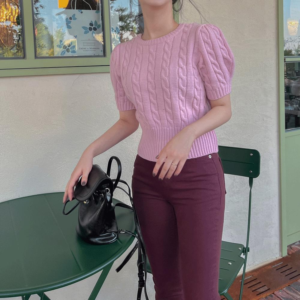 Twisted puff short sleeve Knitwear wool crop cable slit gold button short knit tee wedding guest look date look opening look 4col