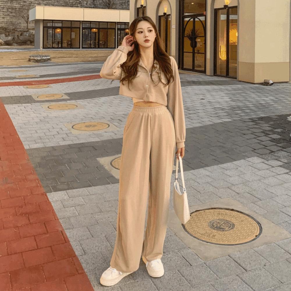 Luxury kkuanku cutting cropped collar fake pocket cardigan + vertical small Ribbed Spandex tight wide banding Knitwear pants training set travel look two-piece picnic 4col