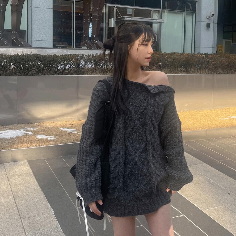 Twisted Shoulder Team Off-Shoulder Round Neck Knitwear Knit Long Loose-fit Mini One Dress Big Size Sweater Daily Casual Spring