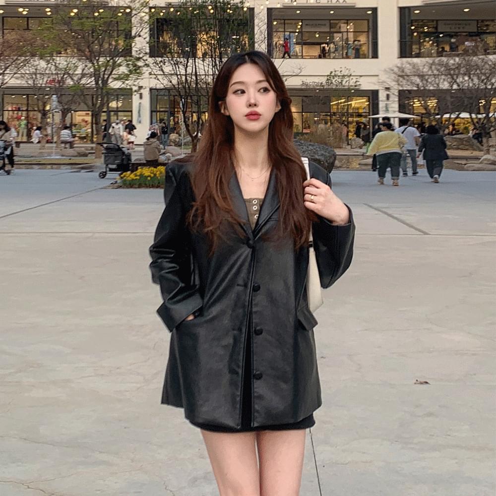 Overfit vegan leather jacket with a silver sheen, high-quality mannish Loose-fit collar leather jacket blazer