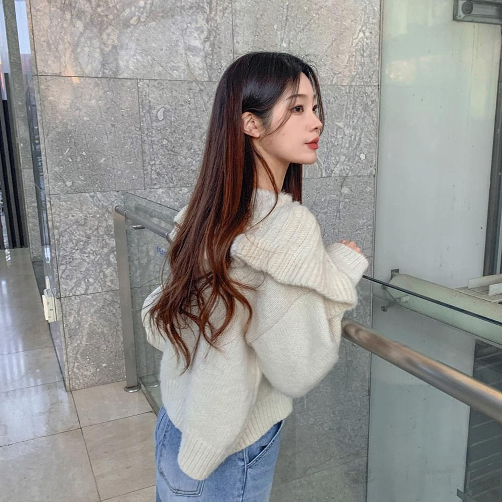 Sailor Big Collar Twisted Crop Long Sleeve Knitwear Cardigan Loose-fit Jacket Zip-up Outerwear Daily Casual