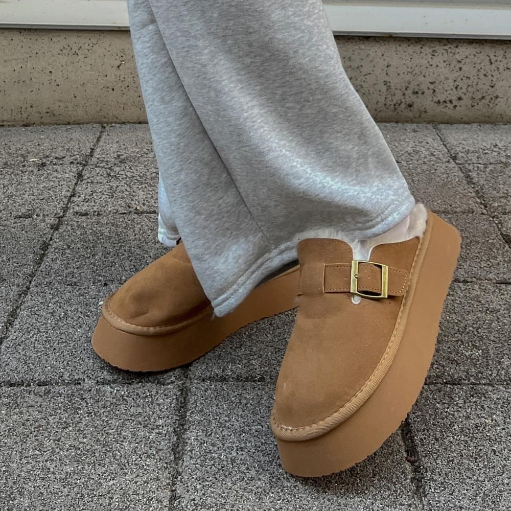 Suede mink fur fur slippers fleece puffy platform high heel buckle UGG winter mule loafer shoes cold protection fur shoes height increase Birken bloafers 6 size