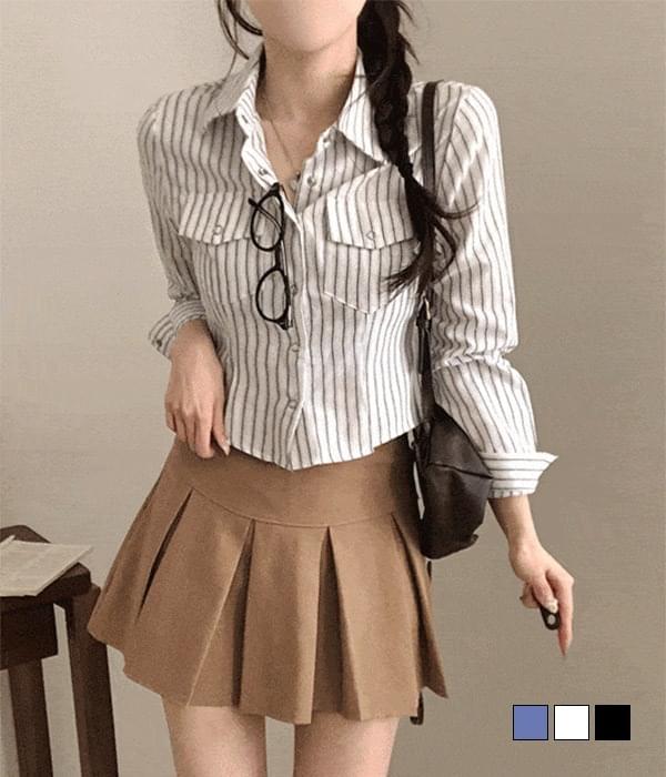 Double pocket waistband striped totto collar shirt