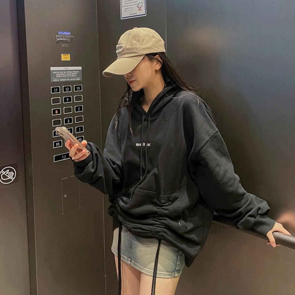 Shirring long sleeve long hooded T-shirt lettering string overfit mini one piece two- Dress cotton tee spring fall winter unisex daily casual