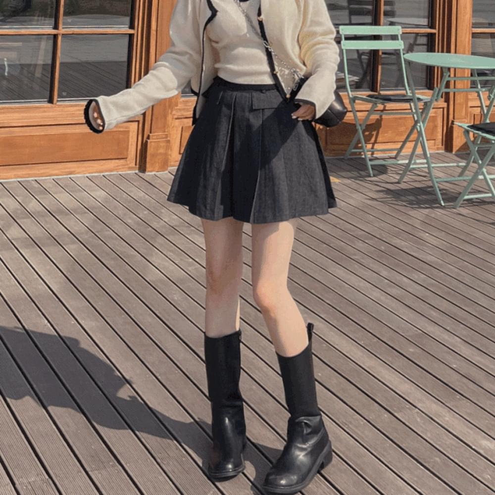 Pin tuck pleat pocket mini skirt tennis high waist denim A-line denim skirt back banding flare skirt pants spring mid-season Dark Blue Black Denim