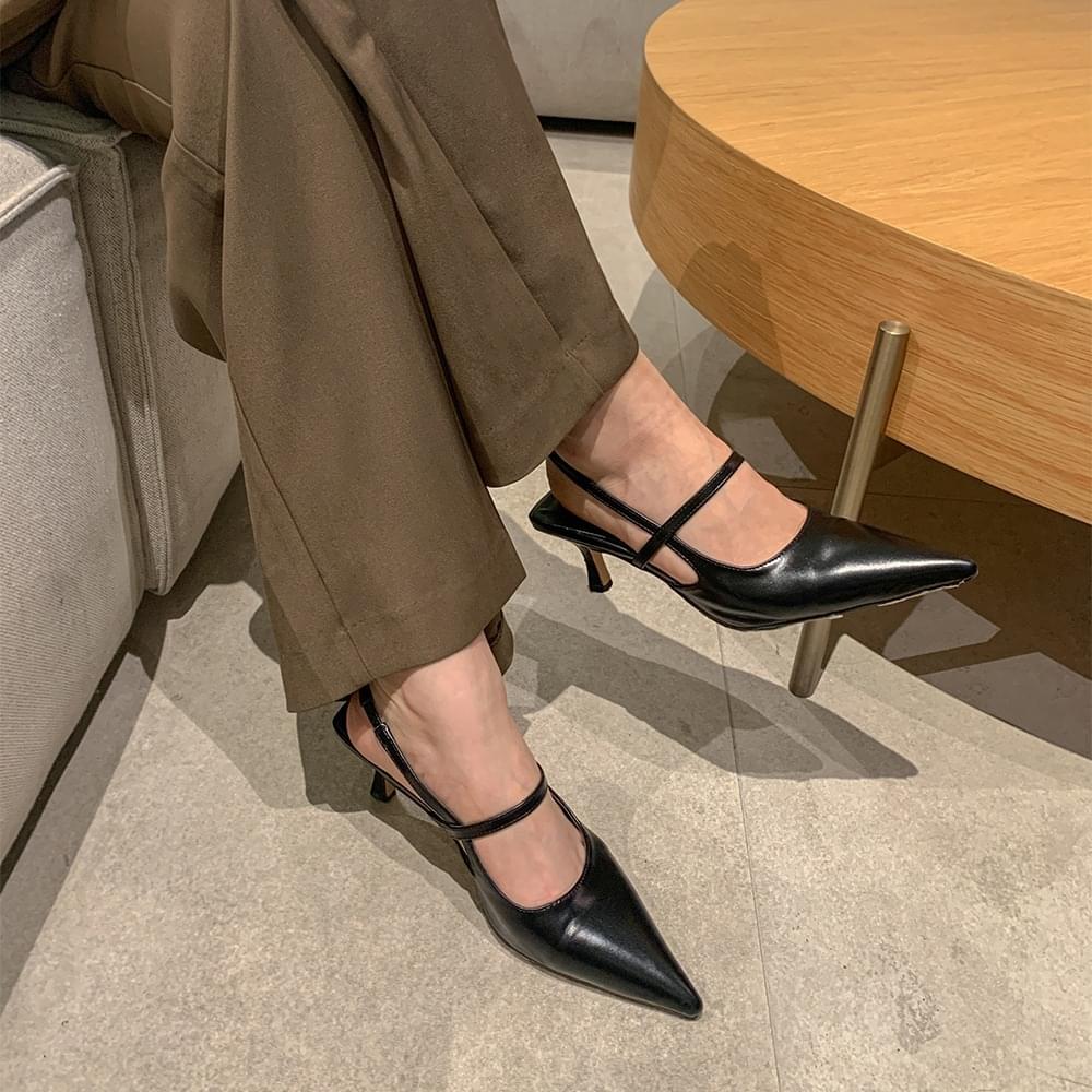 6CM Stiletto Side Open Strap Slingback Mid Heel Cushion Pointed Toe Leather High Heel