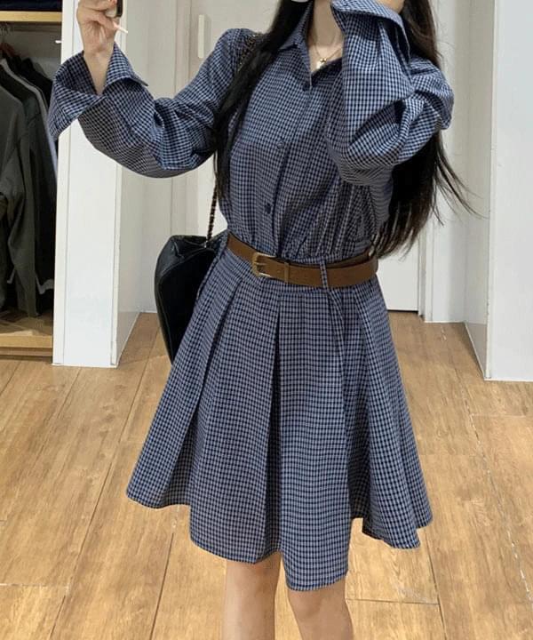 條紋襯衫百摺短洋裝