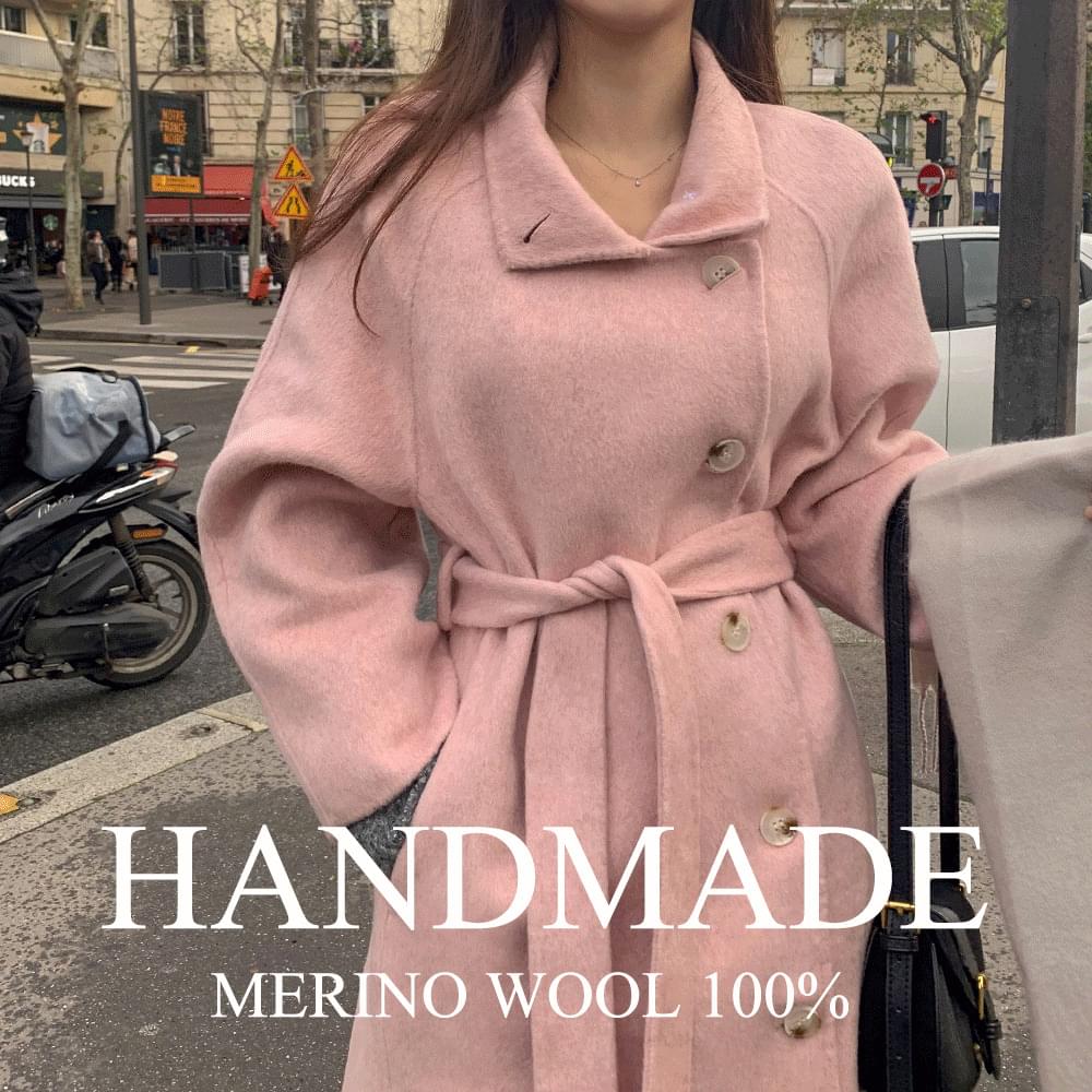 Handmade long wool coat round collar robe woolen Loose-fit belt strap team