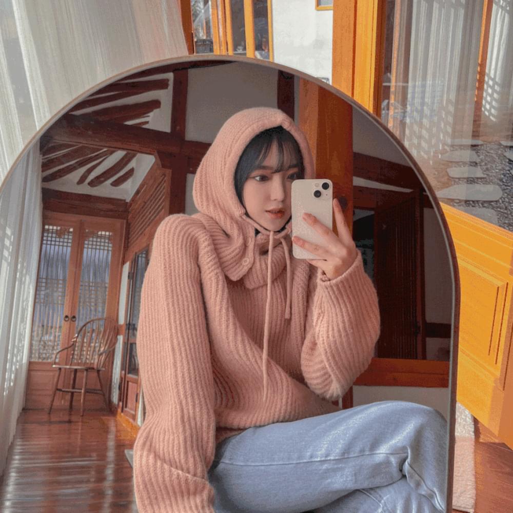 String Balaclava Hat + Nagrang Wool Mohair Knitwear Set Loose-fit Hatchi Overfit Hood Two-Piece 5 Colors
