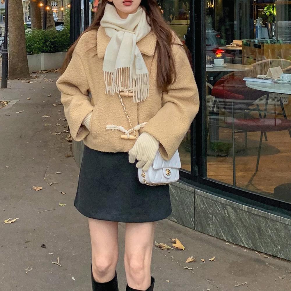 Poggle Tteokbokki Duffle Crop Poggle Jacket Short Coat Fur Pocket Fleece Collar Neck Shearling Winter Outerwear