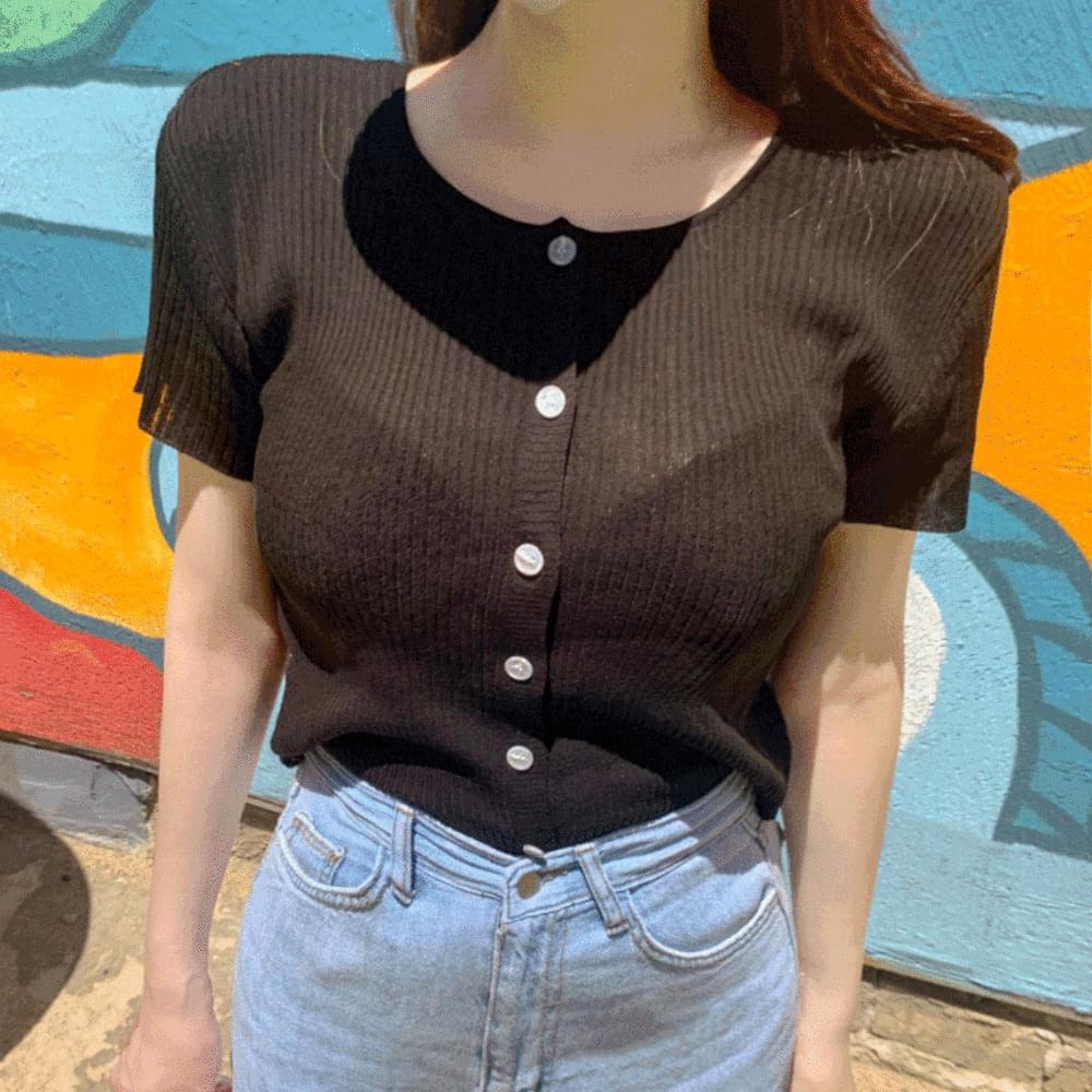 Summer Cool Ribbed Crop Knitwear See-through Round Neck Button Button Loose-fit Summer Short Sleeve Cardigan