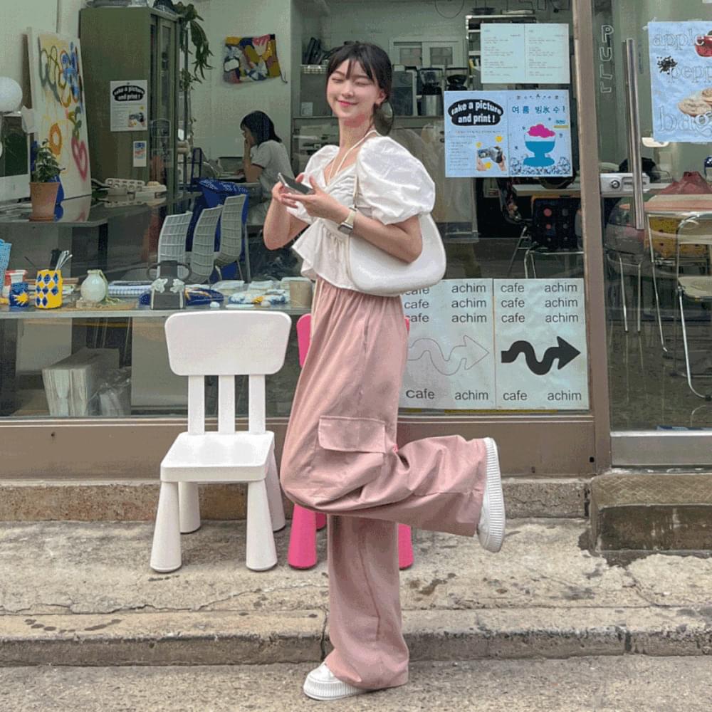 Big pocket wide cargo pants high waist low waist low rise low rise banding straight pants straight fit cotton summer cargo pants 8 colors