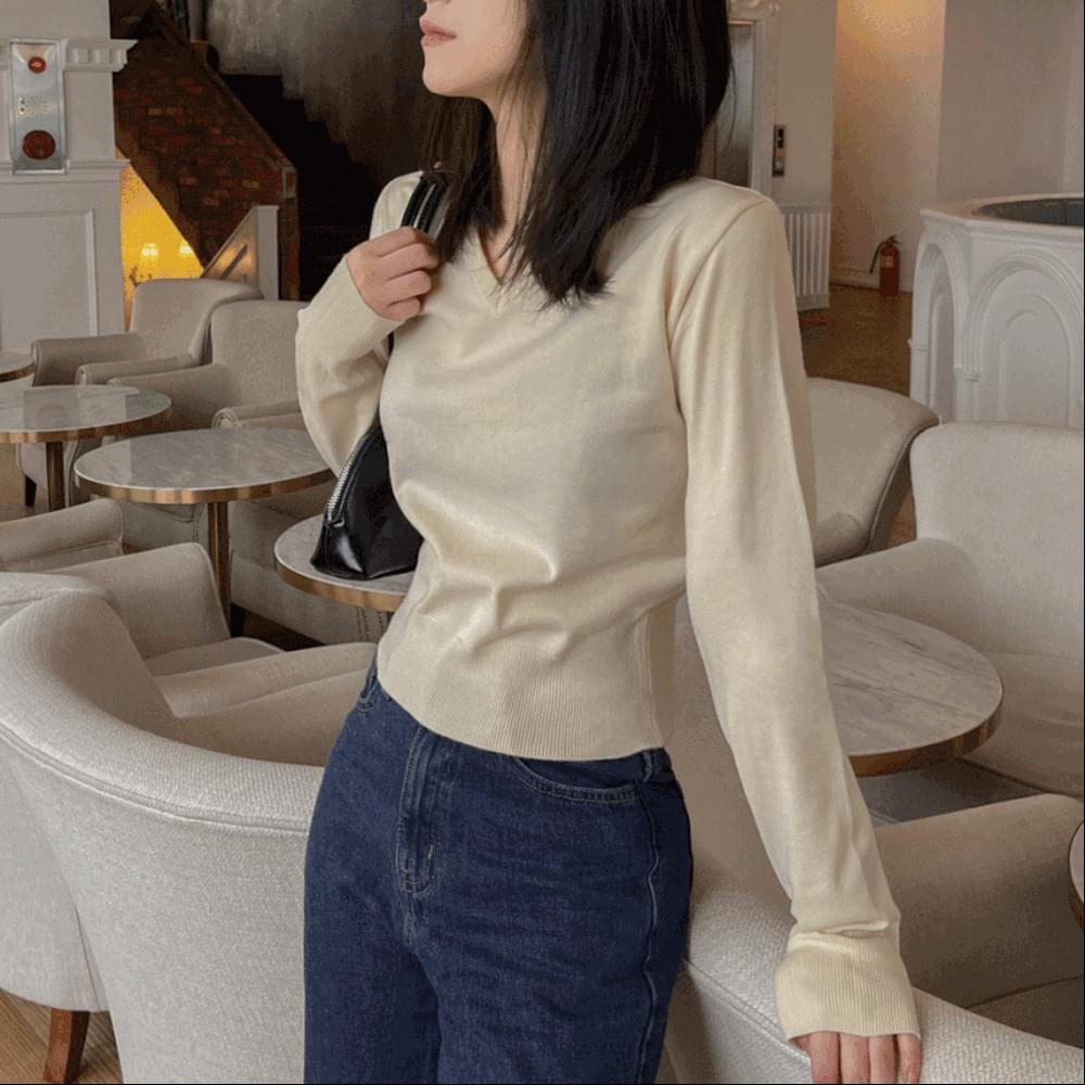 Daily wear V-Neck long sleeve Knitwear plain layered knit tee semi Loose-fit 12col