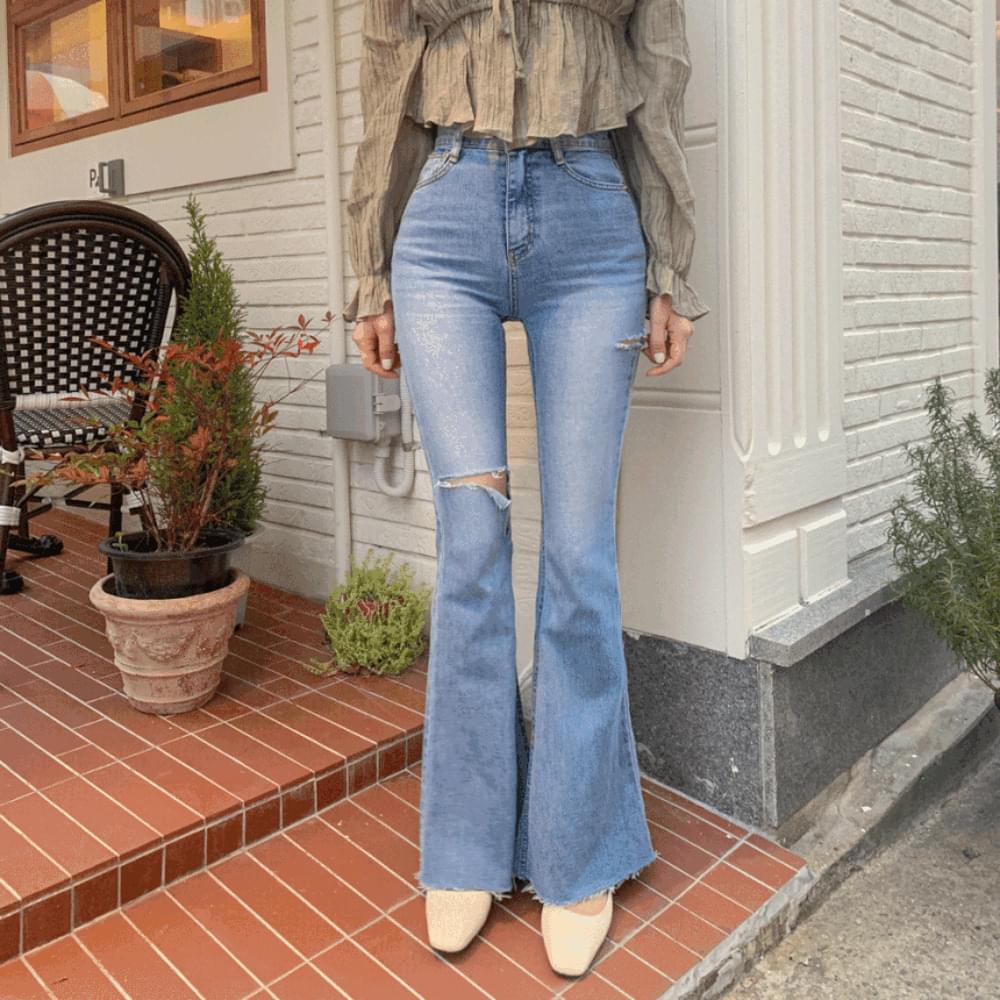 Long leg high waist Flared denim pants cutting thigh slit jeans denim jeans ripped denim Light Blue Dark Blue SML