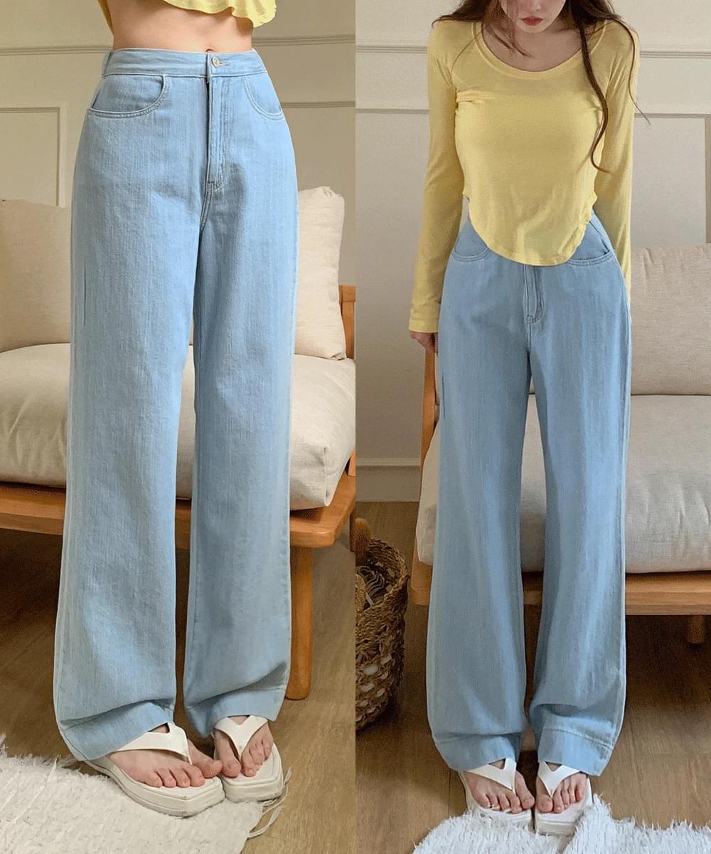 Thin summer denim pants high waist straight wide banding linen cotton cotton pants bottom summer jeans vacation look resort look Light Blue blue Blue SML