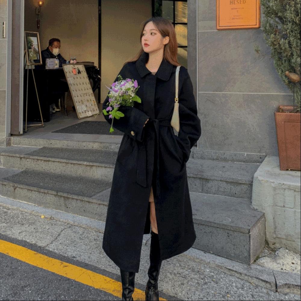 Mood Goddess Hidden Button Single Loose-fit Wool Maxi Jacket Strap Waistband Slit Collar Handmade Long Coat Oat Black