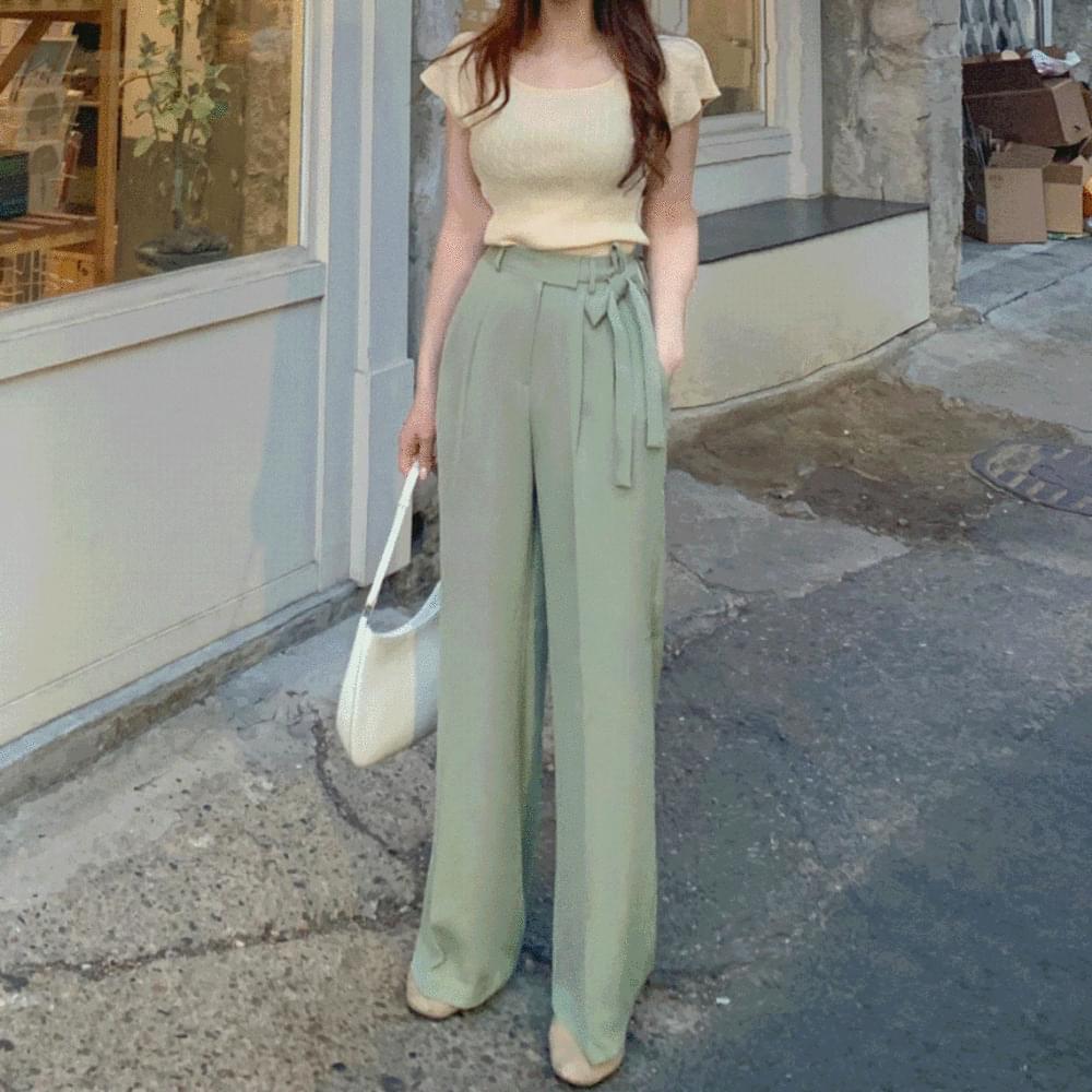 Charangfit high waist pin tuck wrap long slacks ribbon belt back banding charang wide pants