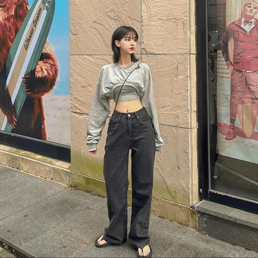 Long long high waist semi wide pants straight straight jeans denim Light Blue blue Dark Blue blue black
