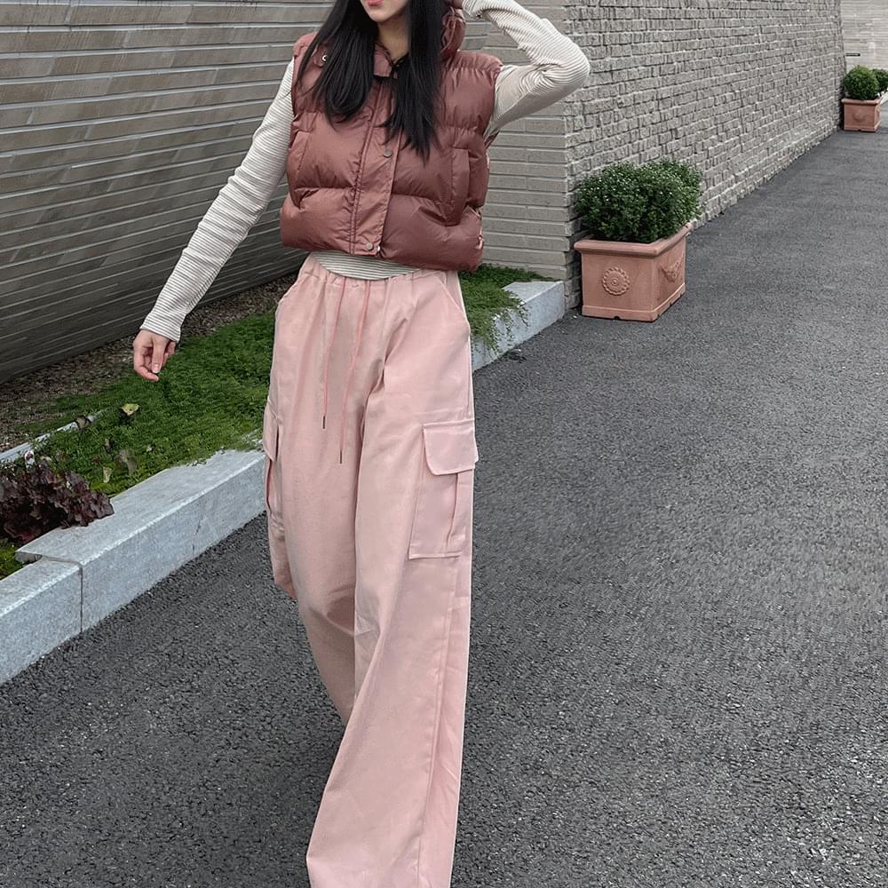 Waist string cargo pants Y2K track cotton 100% 20 count wide pants pockets flab cover full pants straight fit high waist 4col