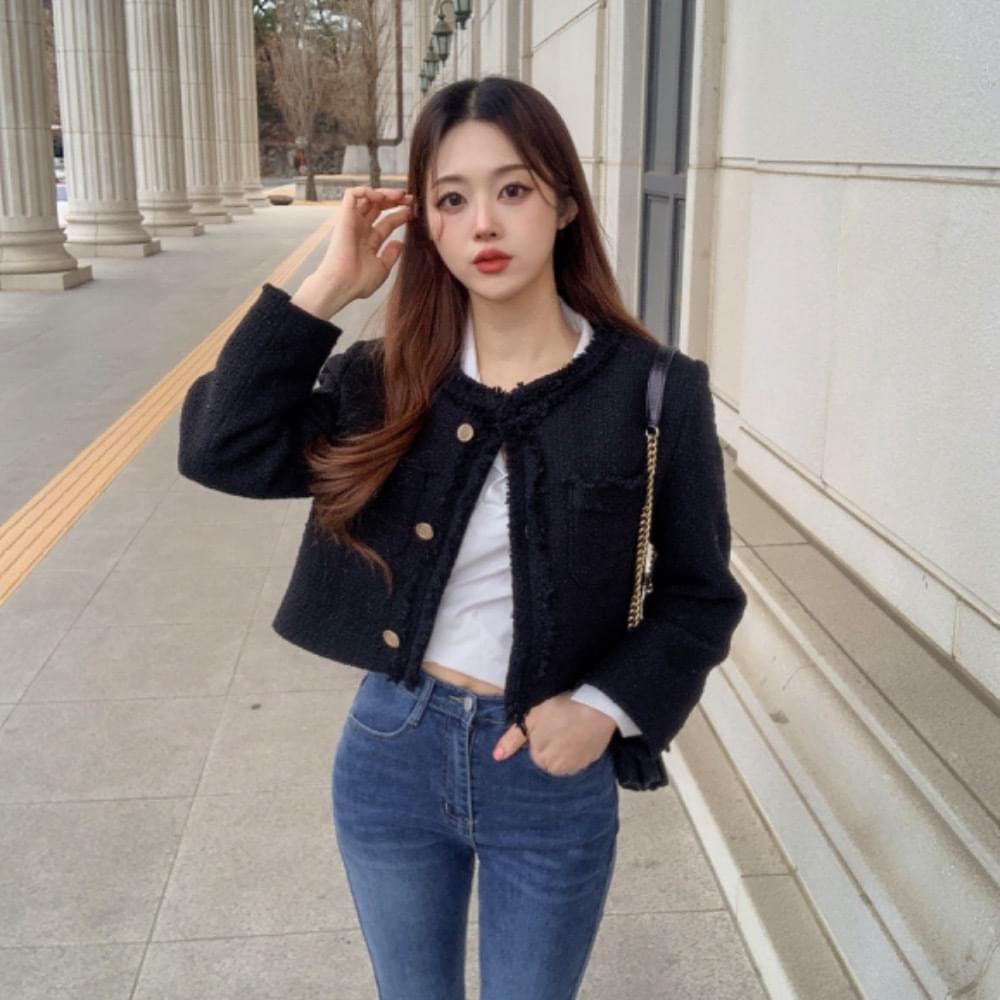 Classic & Casual Fringe No Collar Crop Tweed Jacket Round Gold Button Short Mid-Season Outerwear Cherry Blossom Look Flower Play Look Spring Ivory Yellow Black 3COL