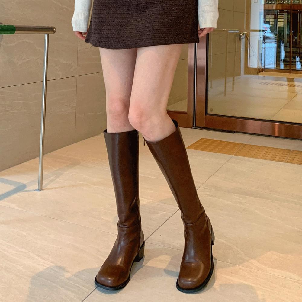 Round nose trendy slim fit long leg leather round nose long mid heel western boots high boots spring season 2 colors