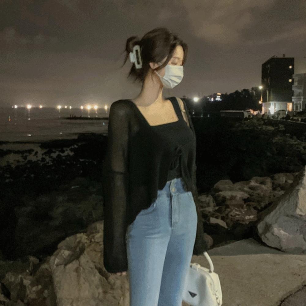 See-through Summer Knitwear Ribbon Short Crop Robe Cardigan Loose-fit Uneven Boucle Net Bikini Cover-up Spring Intermediate Season 5 Colors