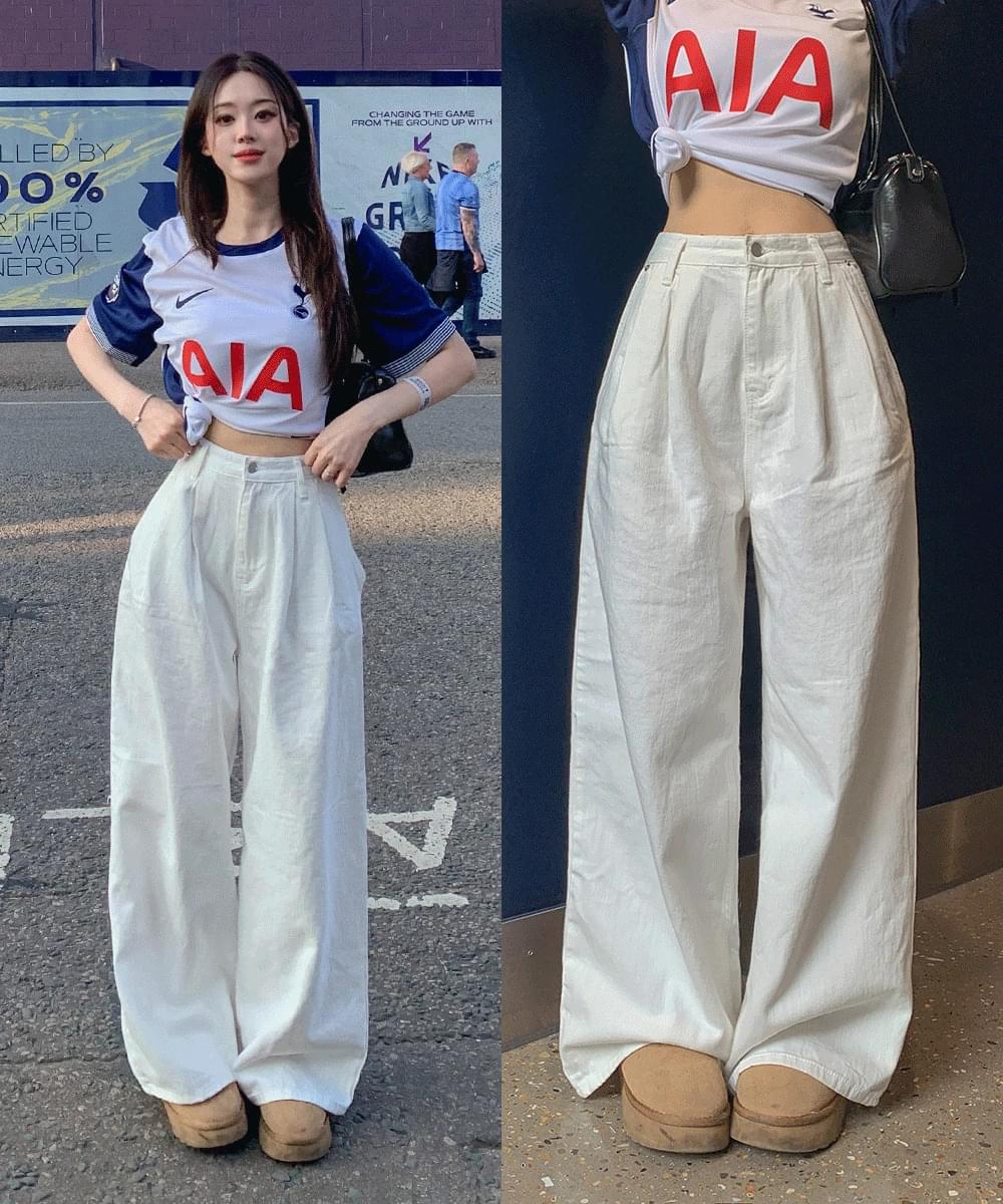 ** Low-waist overfit long wide cotton denim pin tuck pants low-rise straight cotton pants jeans opening look freshman look spring