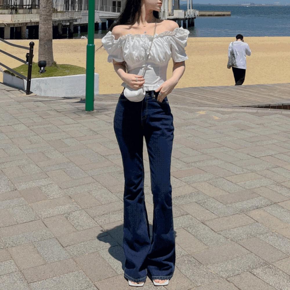 Stitched Indigo All Seasons High Waist Long Flared Jeans Denim Semi Slim Boots Wide Pants Deep Dark Blue SML