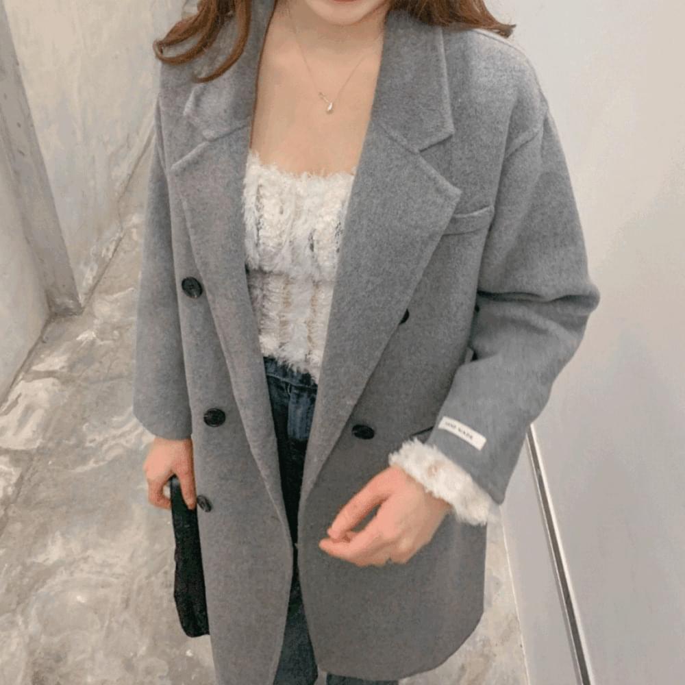 Breasted handmade tailored double long coat wool single collar Loose-fit maxi coat pink dark gray