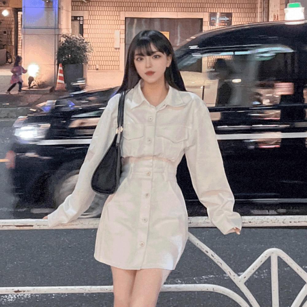 High quality solid cotton collar denim shirt mini Dress waist banding pocket cotton balloon puff white beige