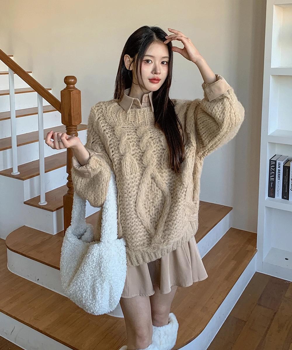 Thick Twisted Round Neck Knitwear Cable Long Sleeve Shibori A-Line Fit