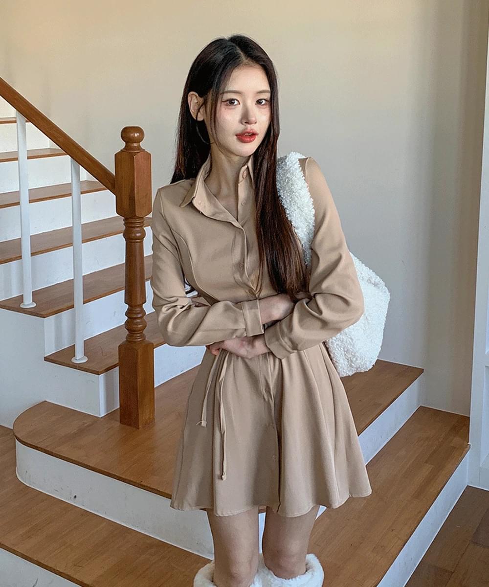 *MADE* Waist-cut back ribbon shirt mini Dress lovely collar button cotton A-line short sleeve long sleeve cherry blossom look flower play look waist belt guest look date look 6 colors