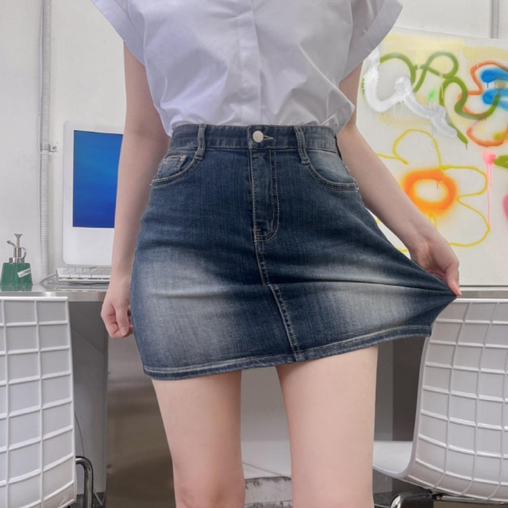 Vintage Mini Spandex Denim Skirt Faded H Line High Waist Denim Skirt Short Skirt Dark Blue 3SIZE