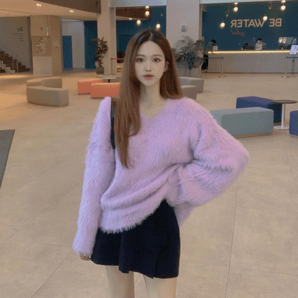Soft cattail feel Loose-fit angora V-Neck V-neck feather fur Knitwear 6col