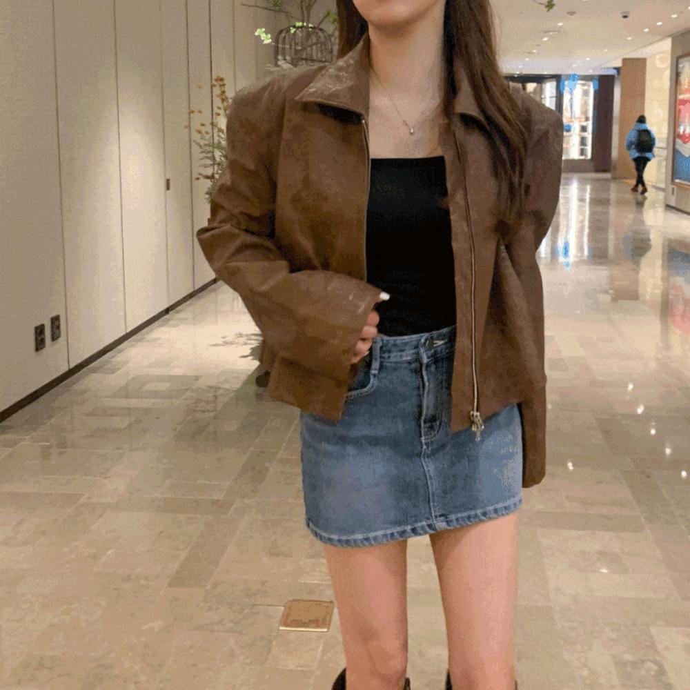 Vegan leather crop jacket, water-print leather, two-way spring leather short Jacket , collar rider, vintage zip-up, overfit, bomber, 2 colors