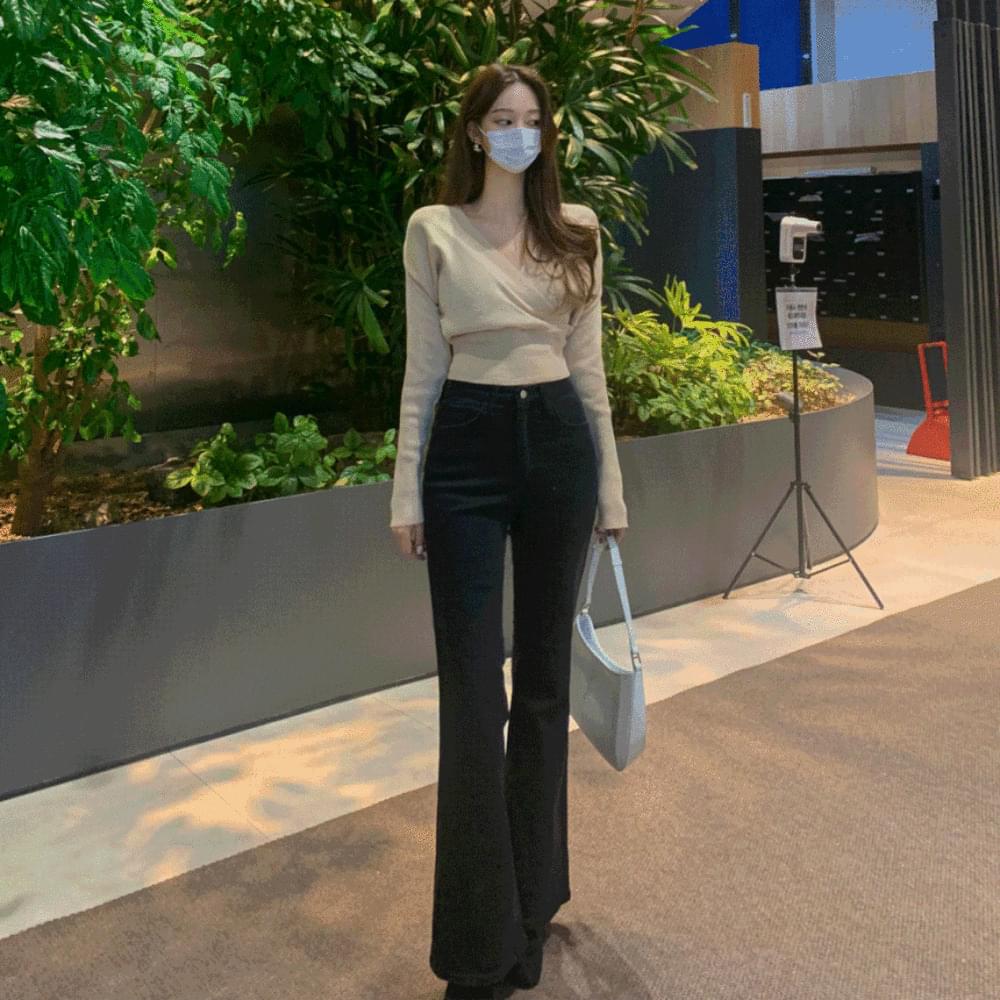 Long Fleece-lined high waist semi Flared wide jeans Spandex denim pants Blue blue black SML