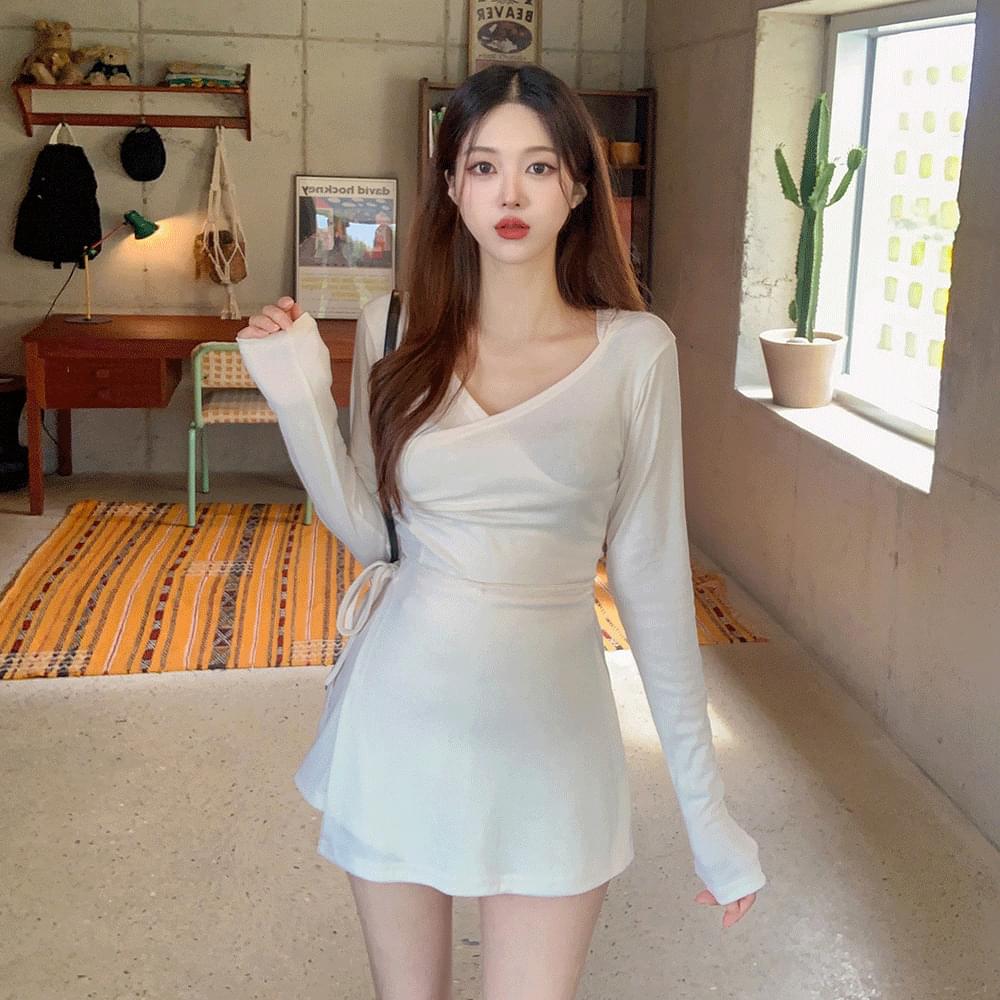 Barbicore Slim Fit Tight Wrap Diagonal Shirring Long Sleeve Hoodie Unbalanced T-shirt + Banding Skirt Pants Ribbon Skirt Set Two-piece Balletcore Spring Mid-season Flower Play Look Y2K 3col