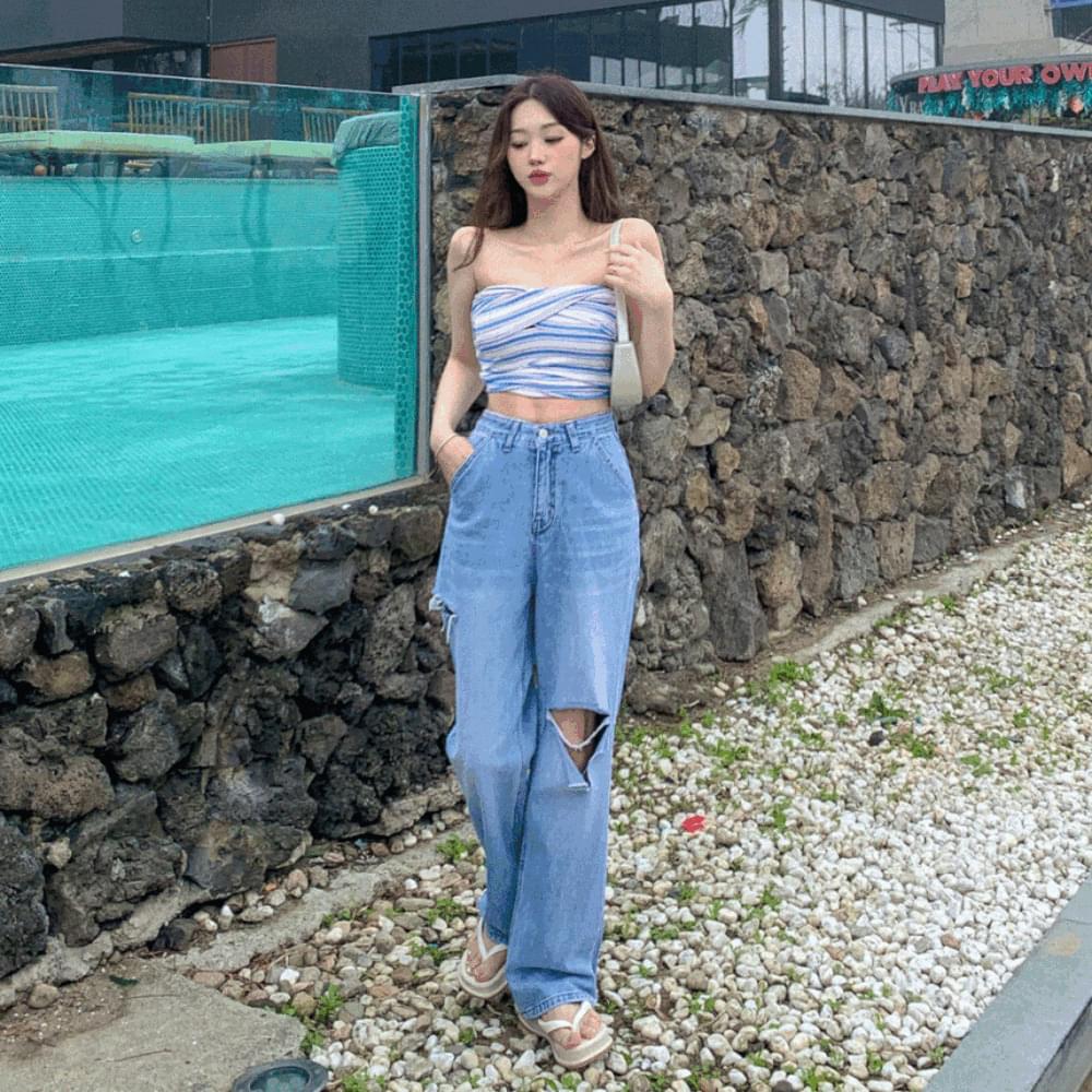 High waist damage ripped thigh team straight Faded Light Blue wide pants light blue denim