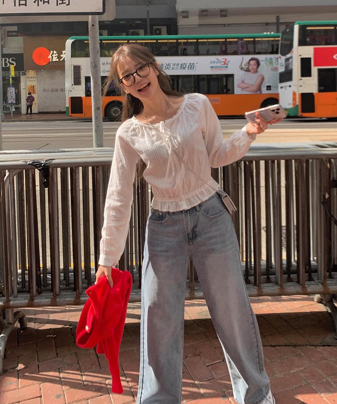 Rose Ribbon Frill Lace Semi Cropped Long Sleeve Blouse