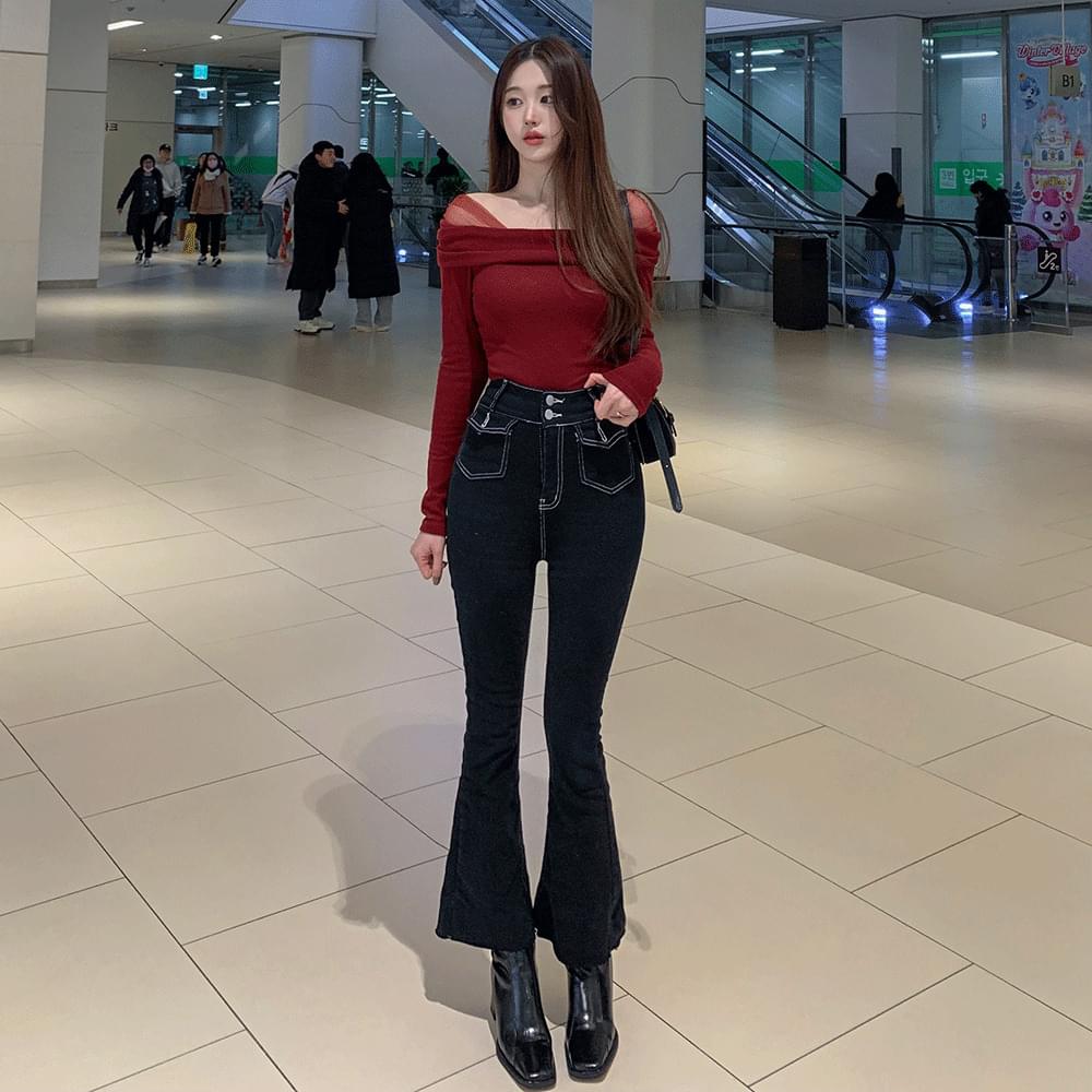 Soft Spandex high waist front pocket stitching Flared pants cutting damage two button obi slim jeans white black SML