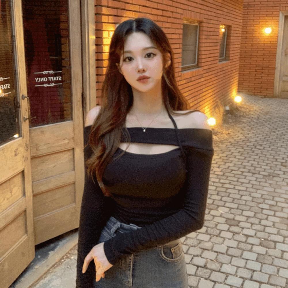 Halterneck unique hip slim shirring off shoulder tee shoulder chest slit halter t-shirt glam club look party look 4col